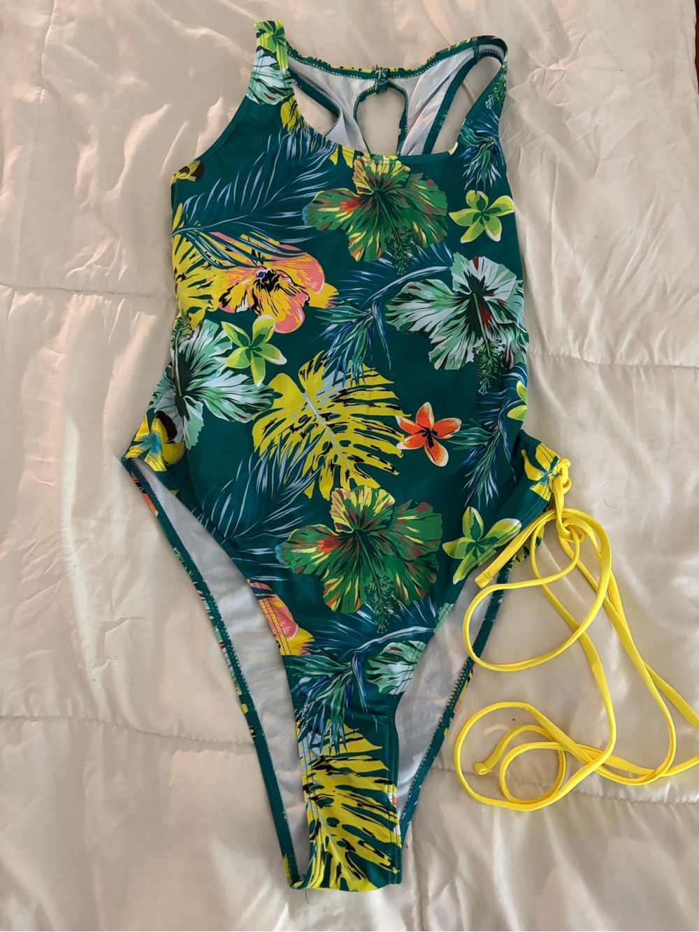 SHEIN Women’s Tropical Green Floral One-Piece Swimsuit with Yellow Ties